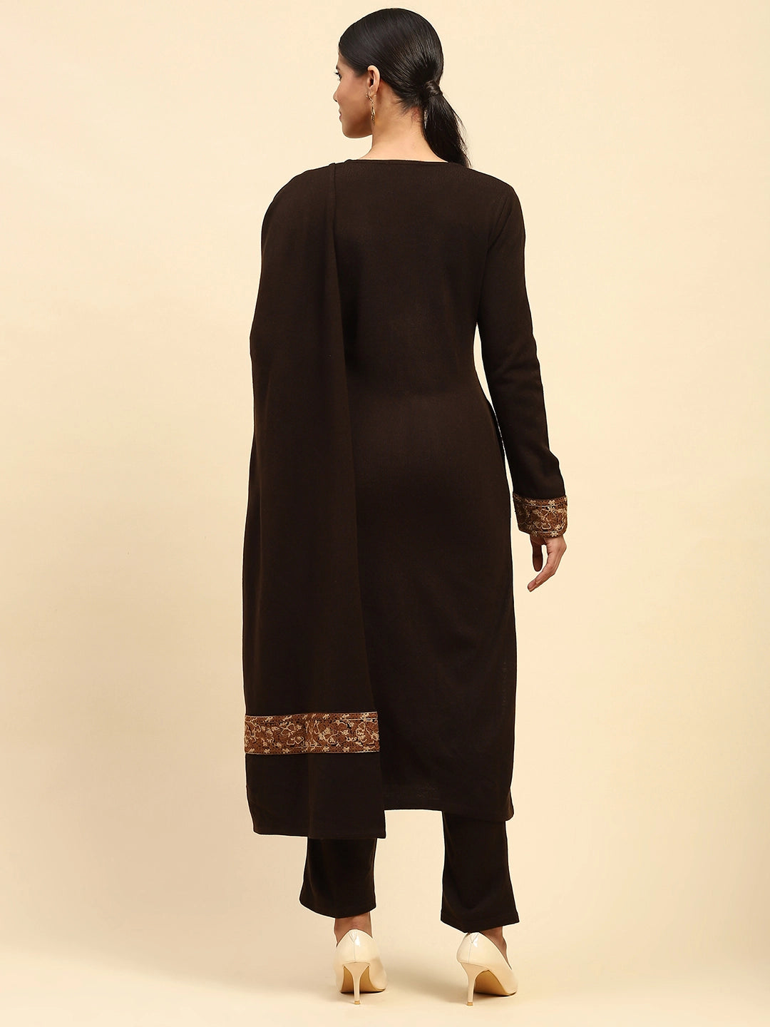 Coffee Woolen Embroidered Kurta Bottom Set With Dupatta For Winter - Global Republic