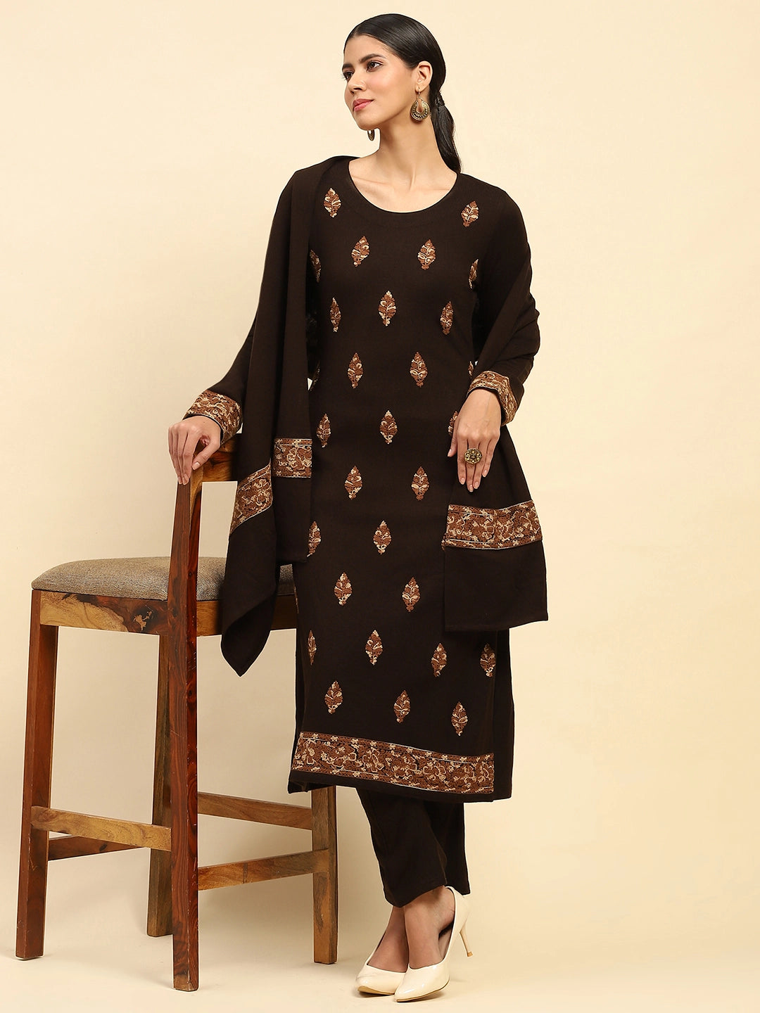 Coffee Woolen Embroidered Kurta Bottom Set With Dupatta For Winter - Global Republic