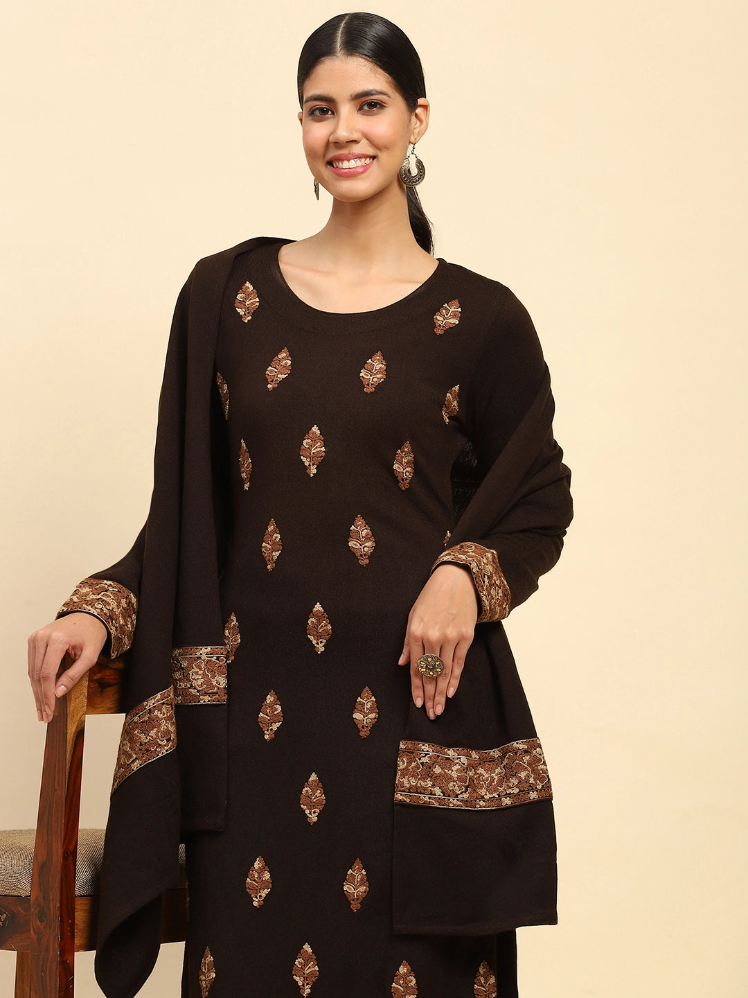 Coffee Woolen Embroidered Kurta Bottom Set With Dupatta For Winter - Global Republic