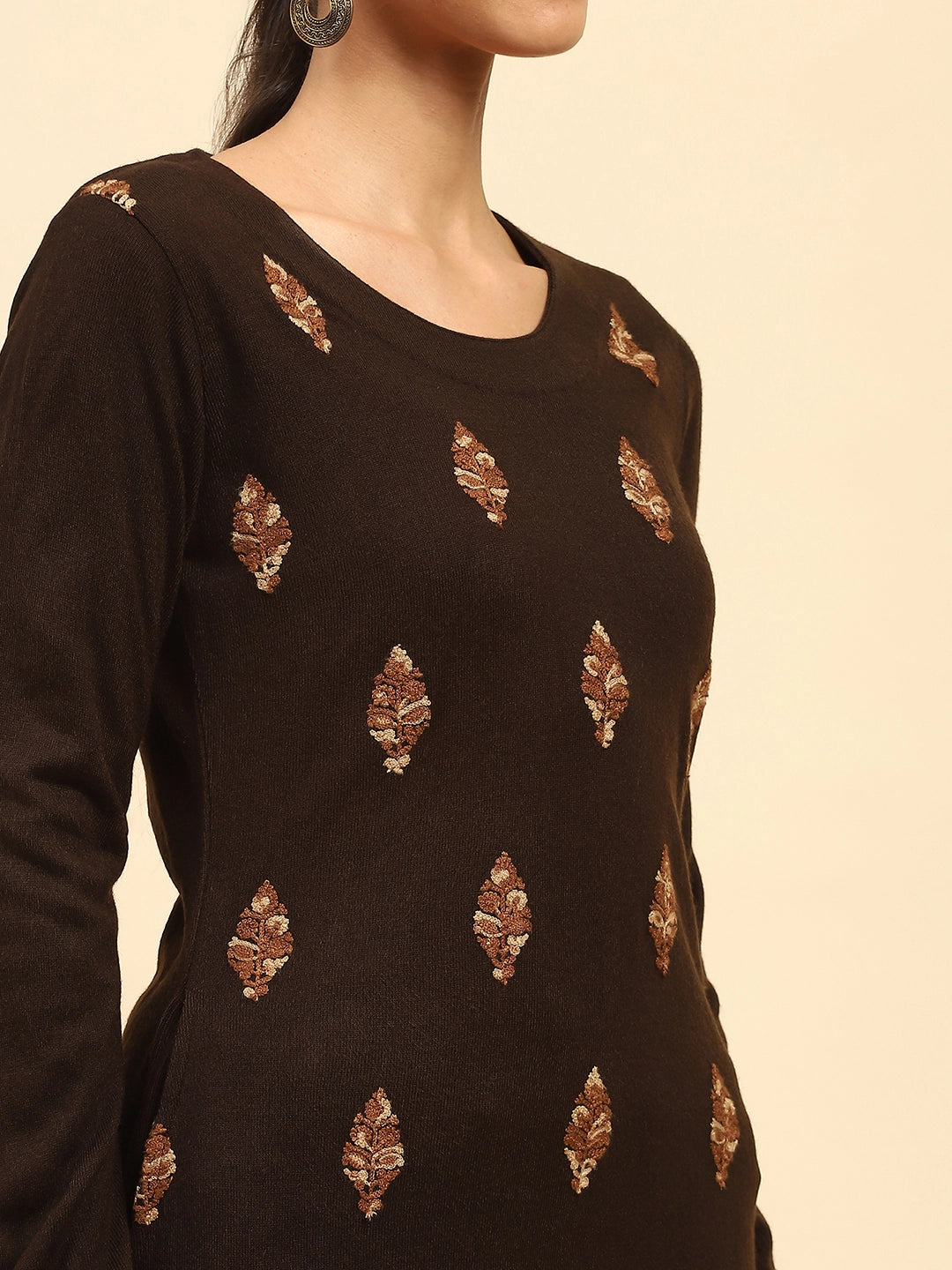 Coffee Woolen Embroidered Kurta Bottom Set With Dupatta For Winter - Global Republic