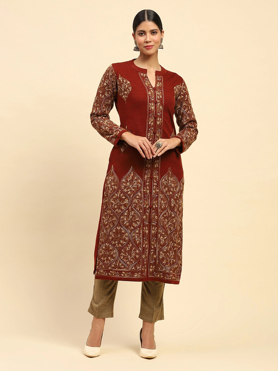 Rust Woolen Thread Embroidered Notch Neck Kurta - Global Republic