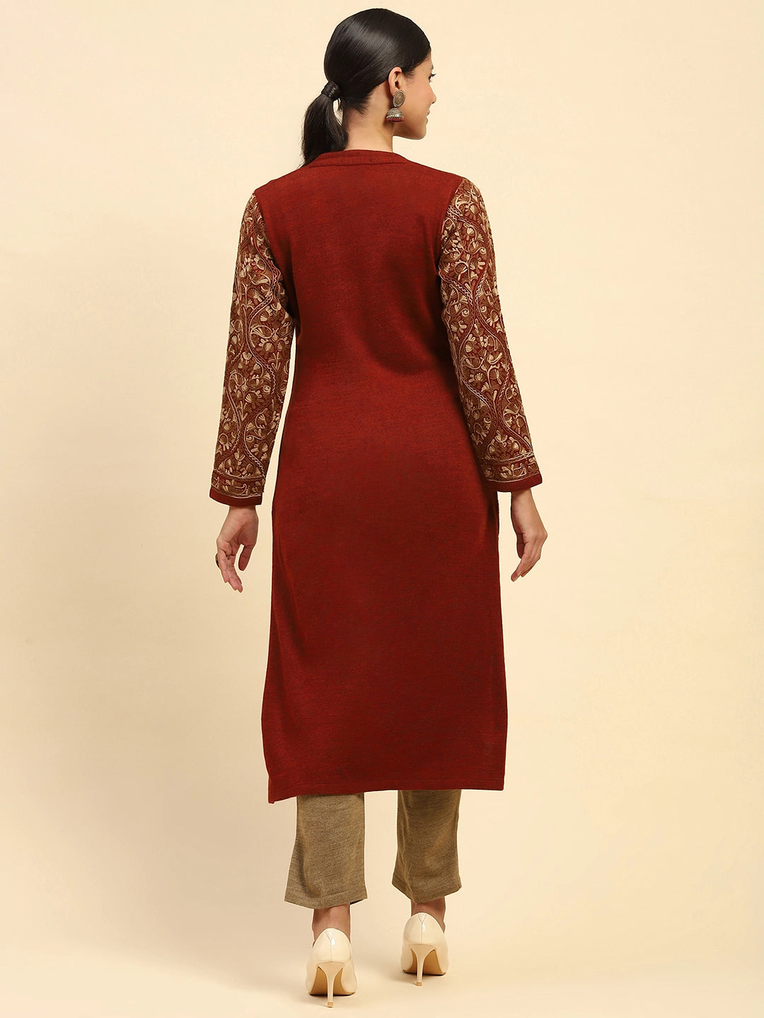 Rust Woolen Thread Embroidered Notch Neck Kurta - Global Republic