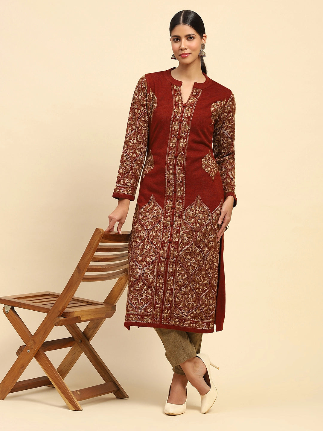 Rust Woolen Thread Embroidered Notch Neck Kurta - Global Republic