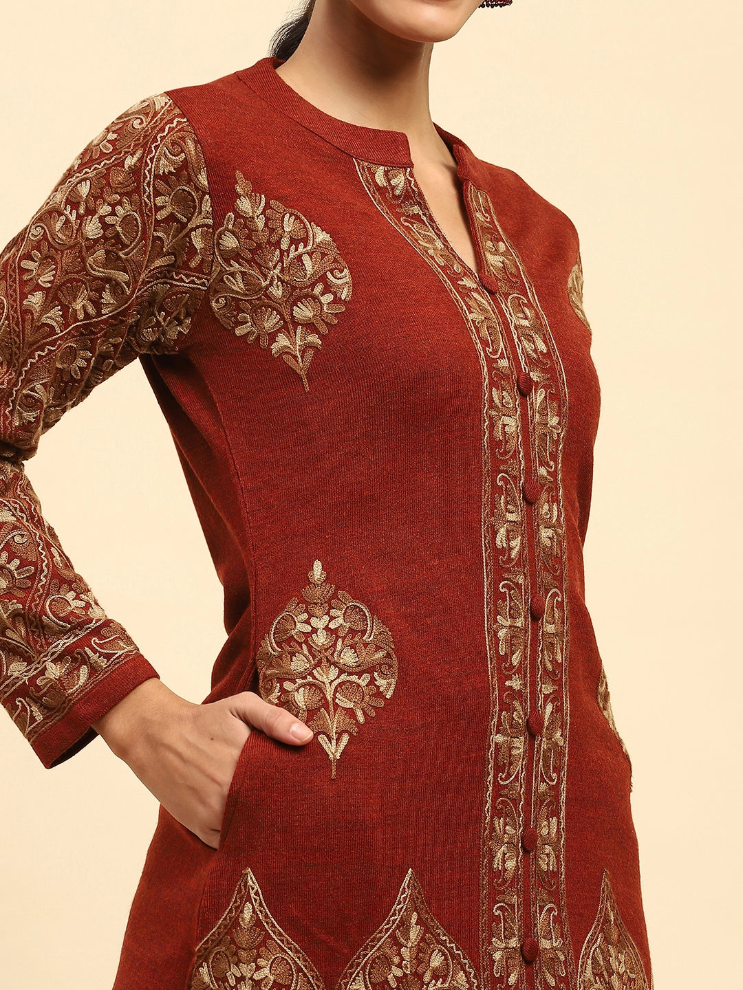 Rust Woolen Thread Embroidered Notch Neck Kurta - Global Republic