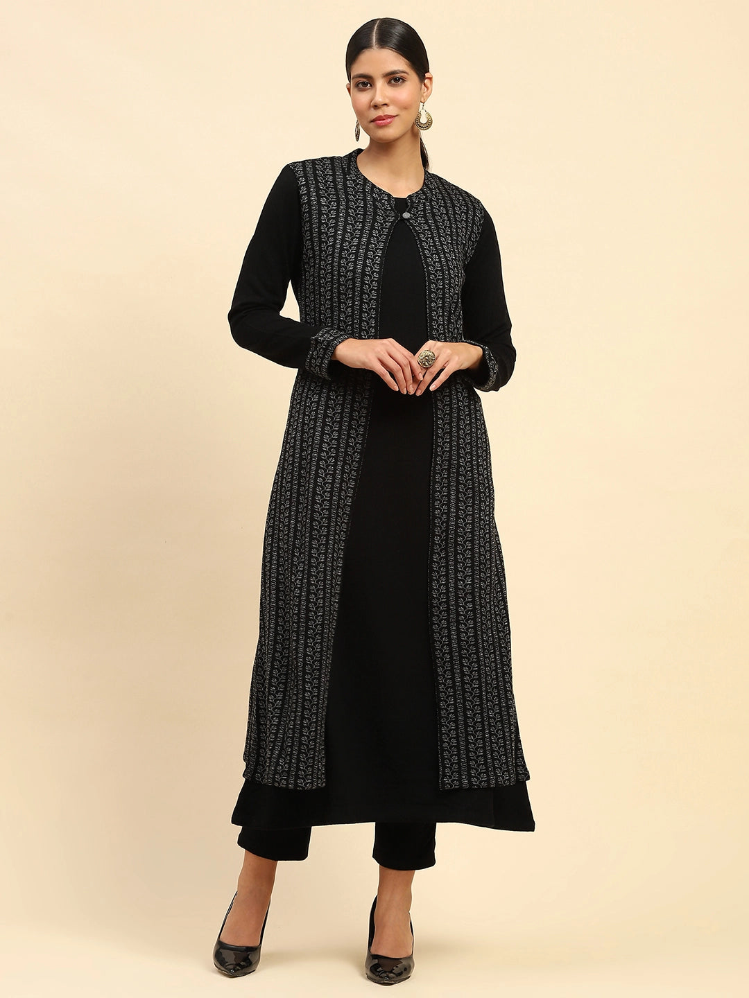 Black Woolen Knitted Layered Round Neck Button Kurta - Global Republic