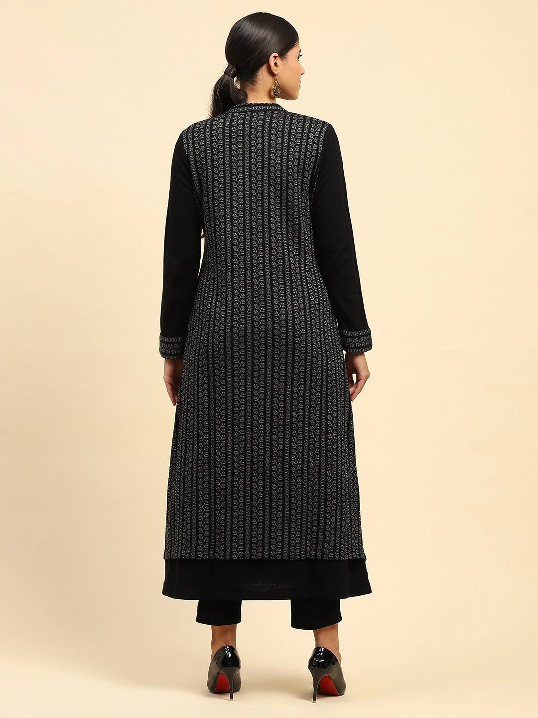 Black Woolen Knitted Layered Round Neck Button Kurta - Global Republic