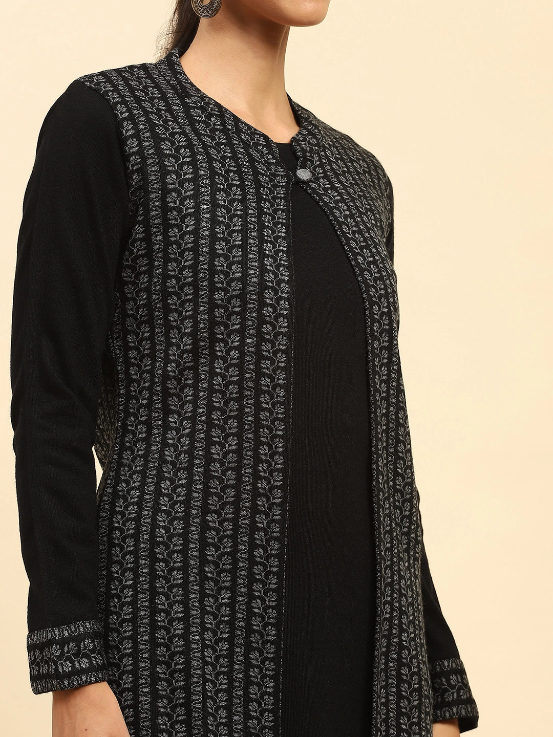 Black Woolen Knitted Layered Round Neck Button Kurta - Global Republic