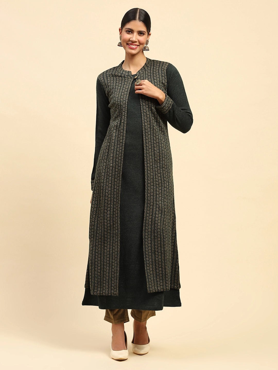 Olive Woolen Knitted Layered Round Neck Button Kurta - Global Republic