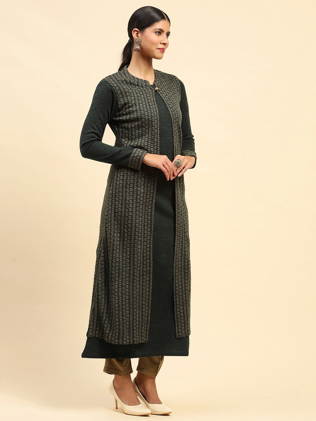 Olive Woolen Knitted Layered Round Neck Button Kurta - Global Republic