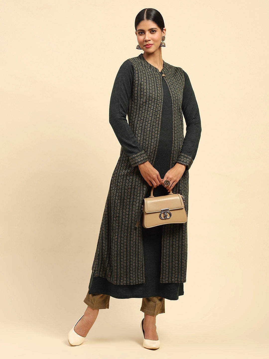 Olive Woolen Knitted Layered Round Neck Button Kurta - Global Republic