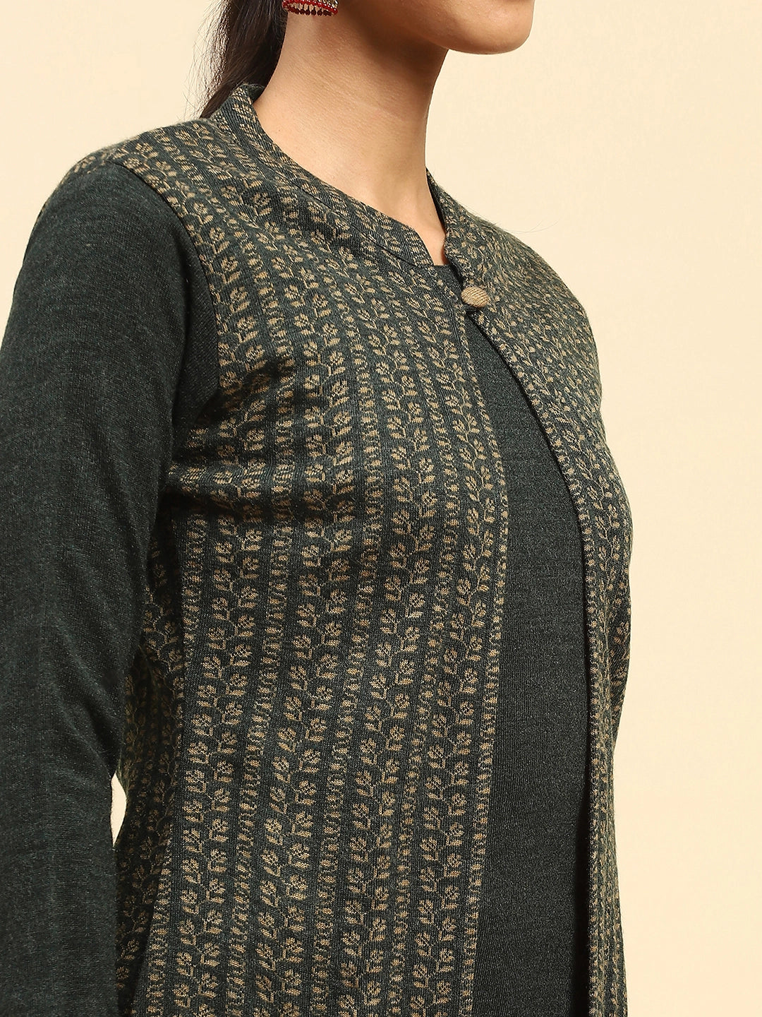 Olive Woolen Knitted Layered Round Neck Button Kurta - Global Republic