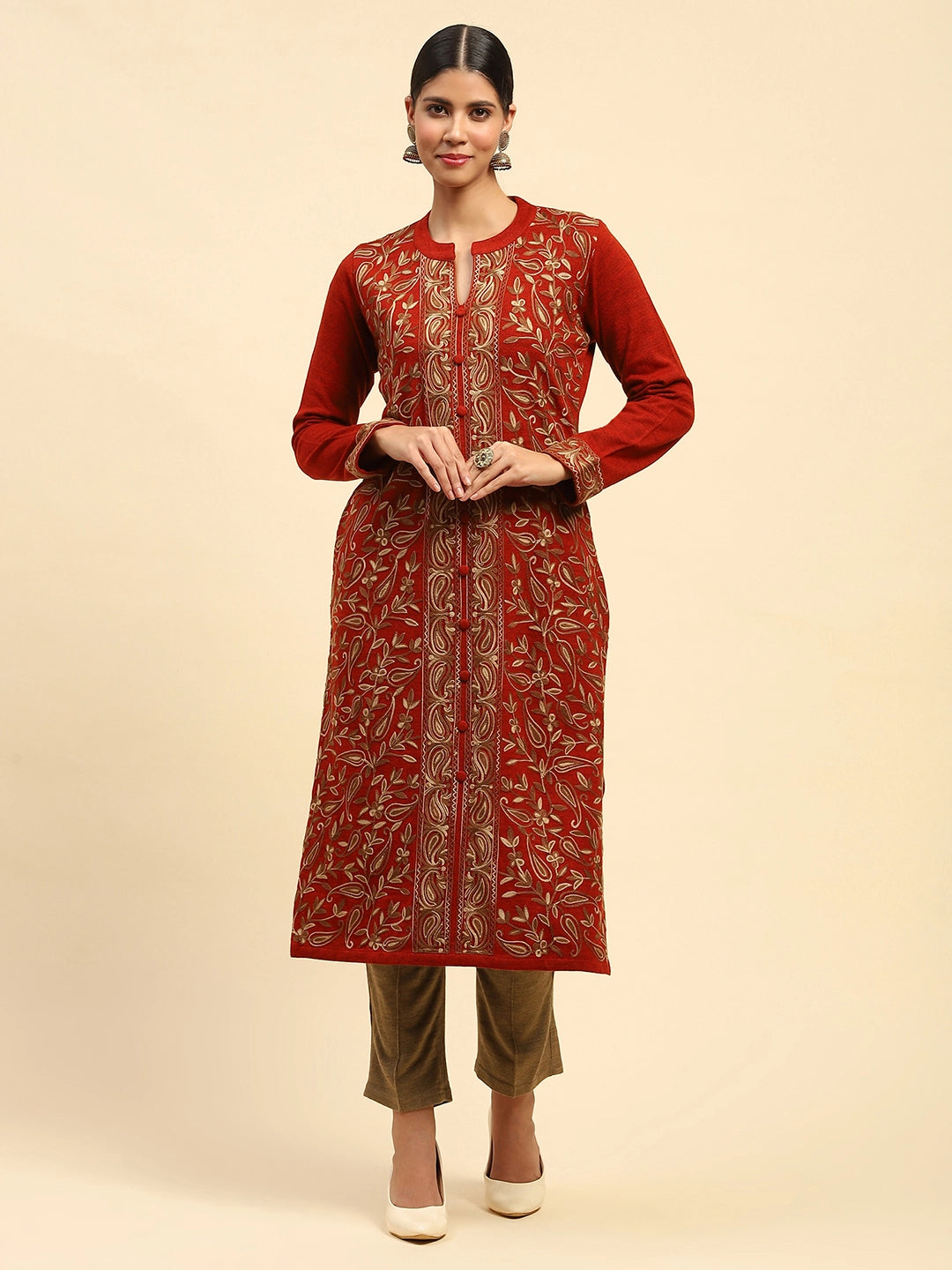 Rust Woolen Thread Embroidered Kurta - Global Republic