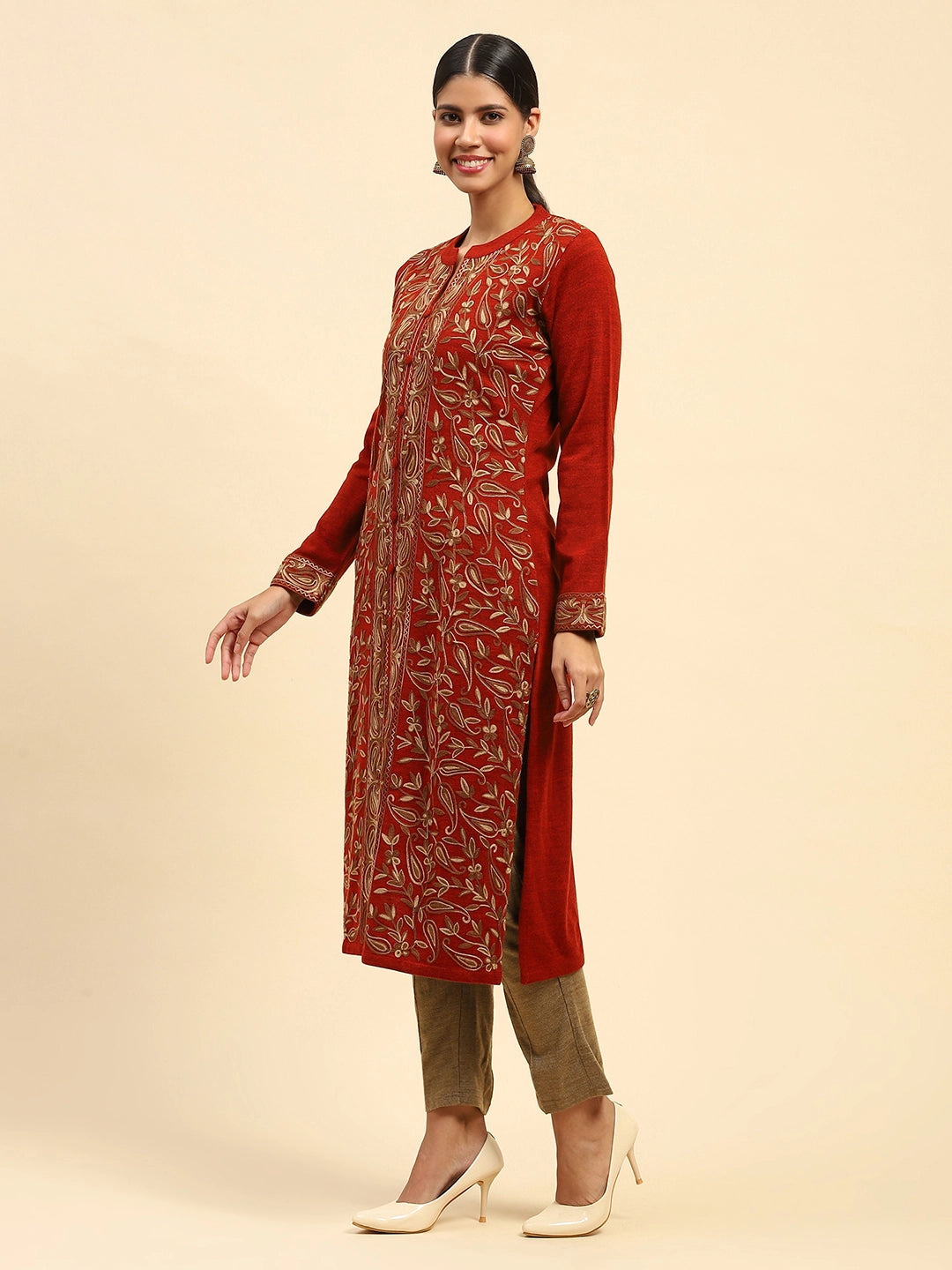 Rust Woolen Thread Embroidered Kurta - Global Republic