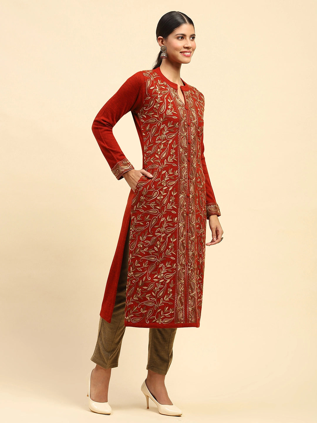 Rust Woolen Thread Embroidered Kurta - Global Republic