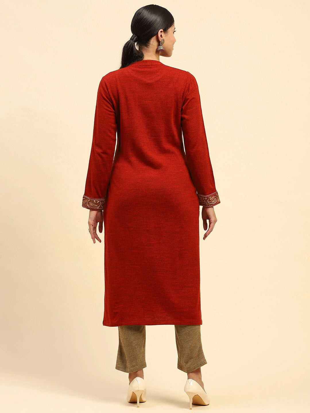 Rust Woolen Thread Embroidered Kurta - Global Republic