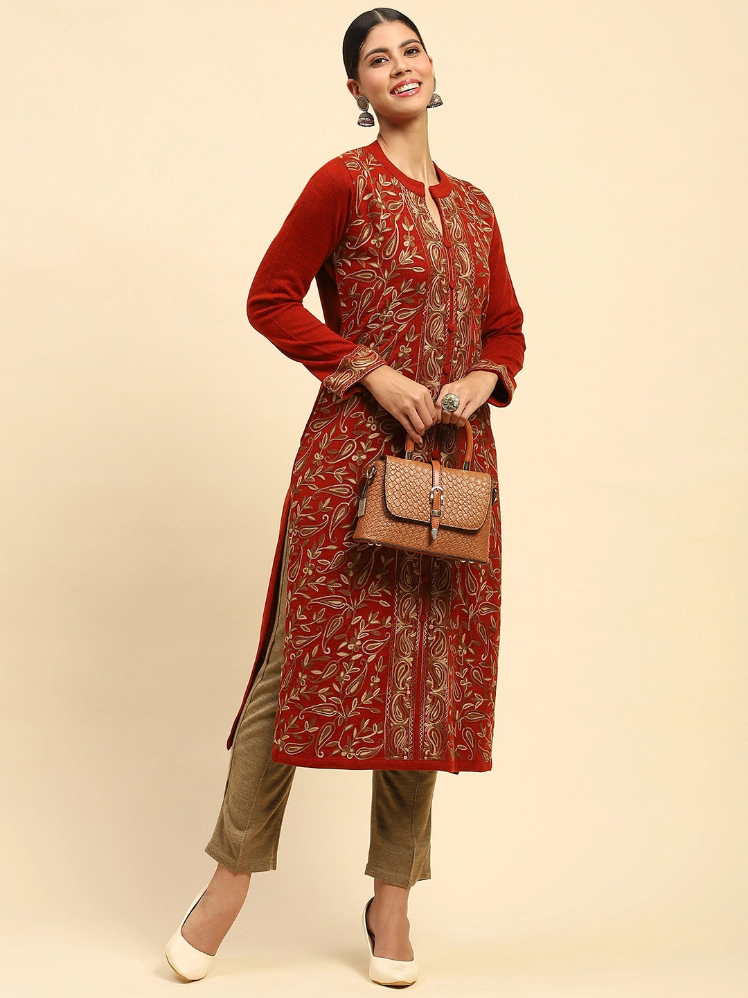 Rust Woolen Thread Embroidered Kurta - Global Republic