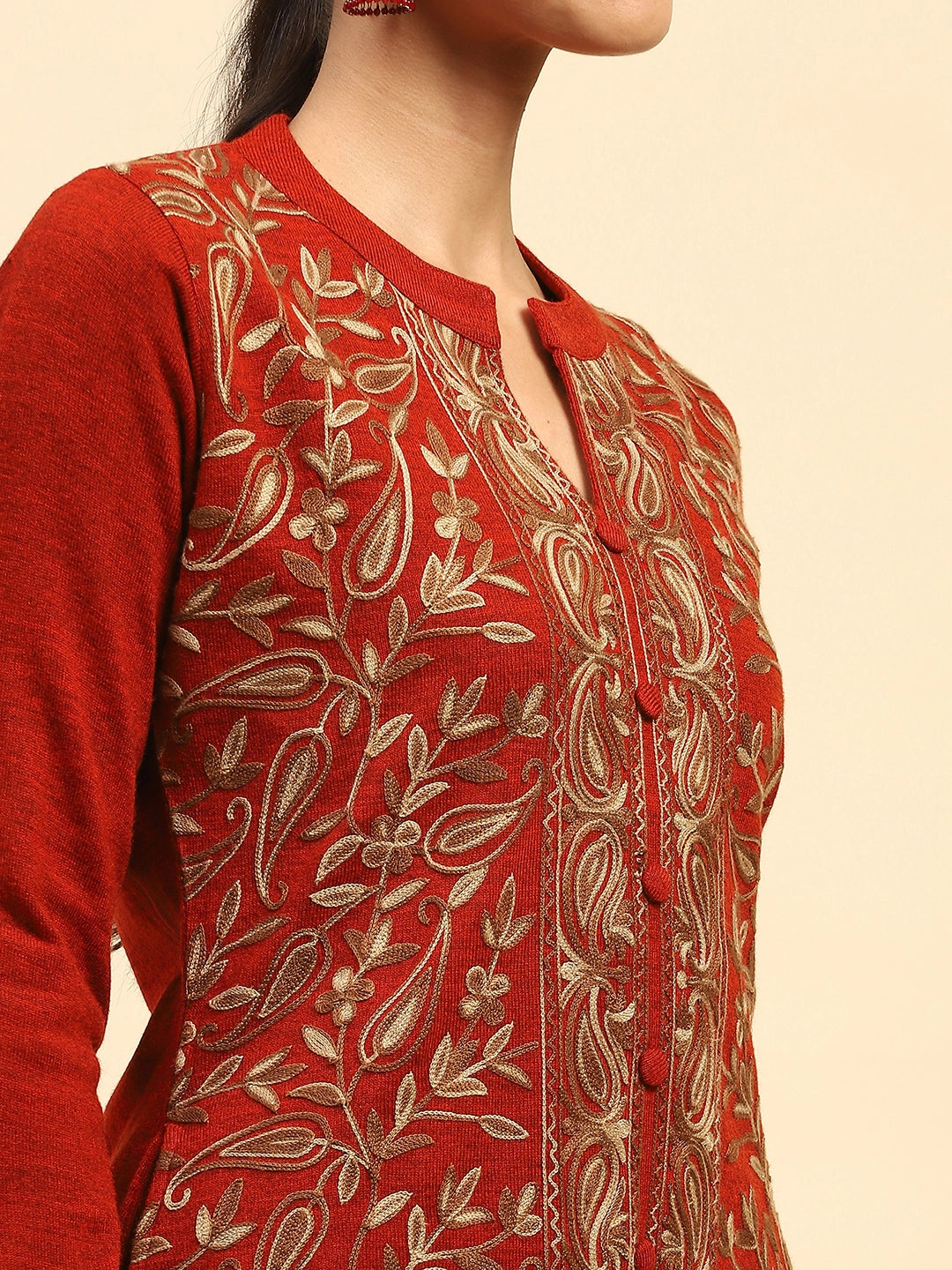 Rust Woolen Thread Embroidered Kurta - Global Republic
