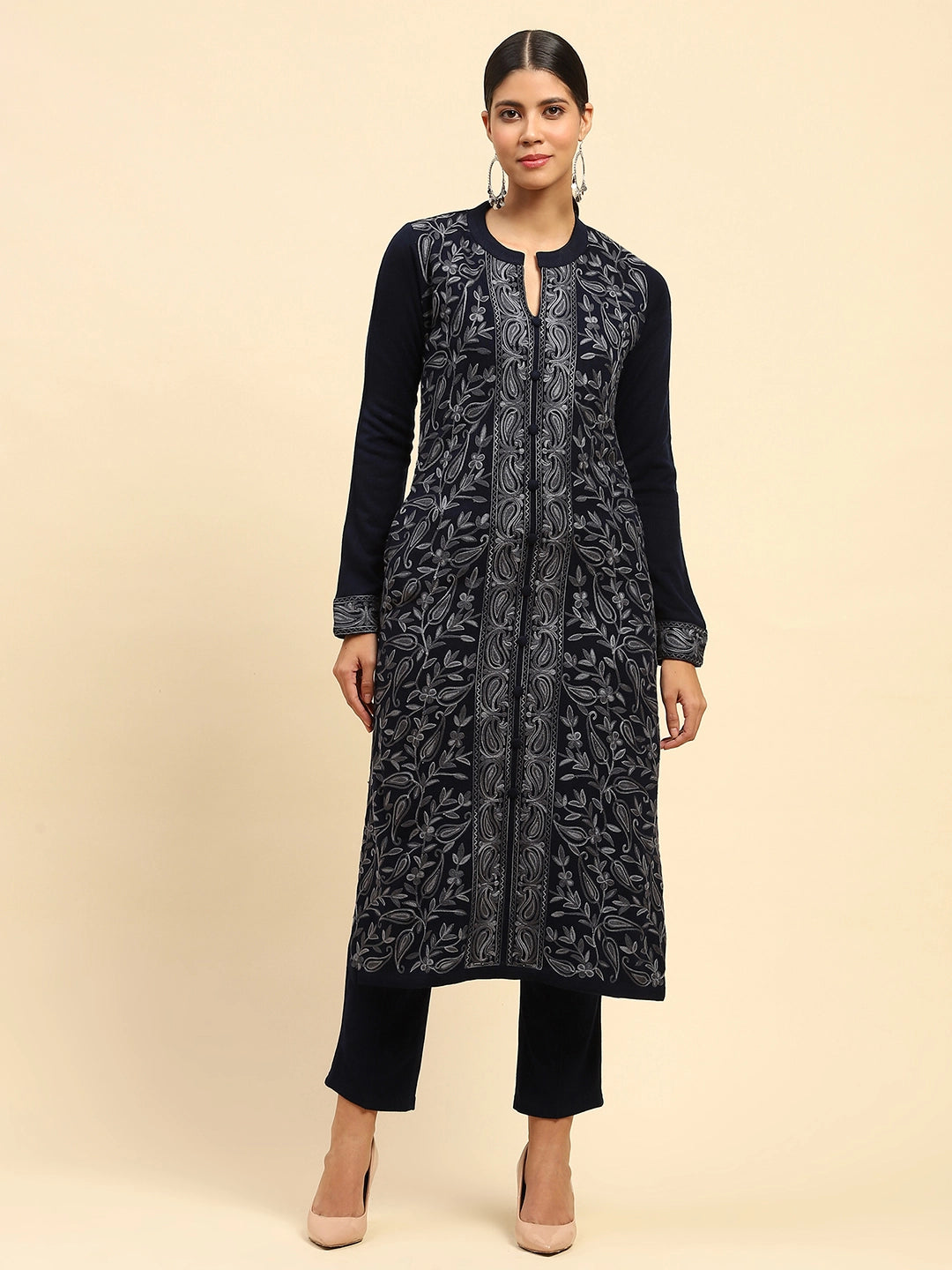 Navy Blue Woolen Thread Embroidered Notch Neck Kurta - Global Republic
