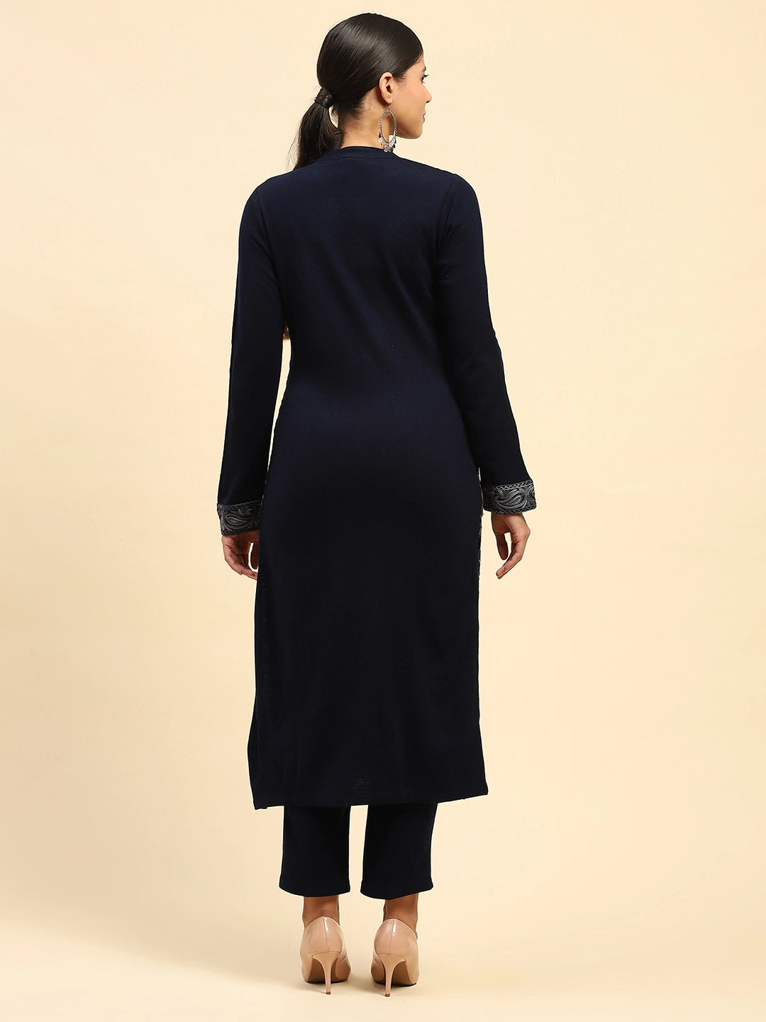 Navy Blue Woolen Thread Embroidered Notch Neck Kurta - Global Republic