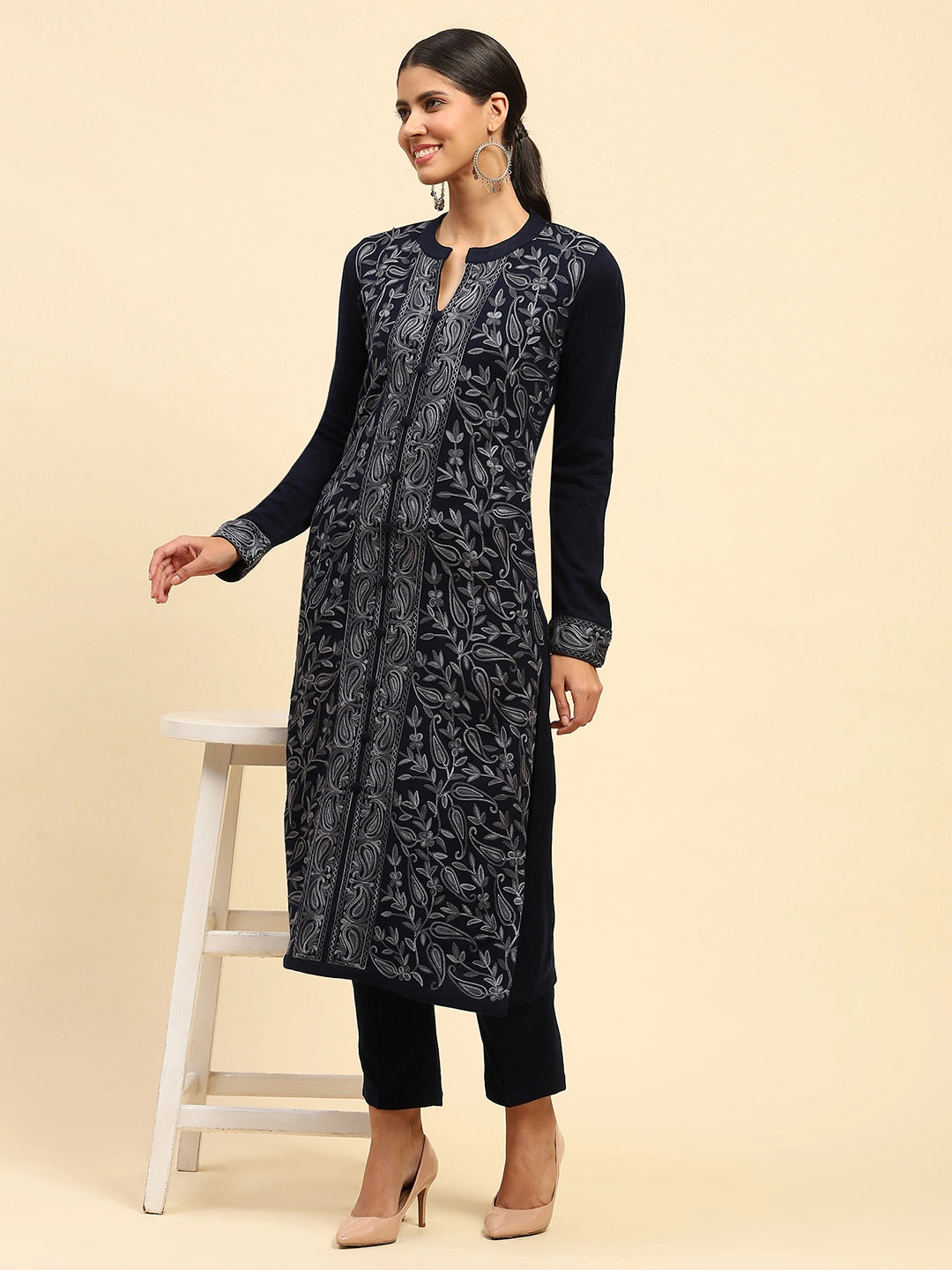 Navy Blue Woolen Thread Embroidered Notch Neck Kurta - Global Republic