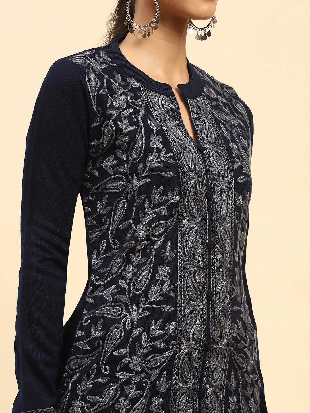 Navy Blue Woolen Thread Embroidered Notch Neck Kurta - Global Republic