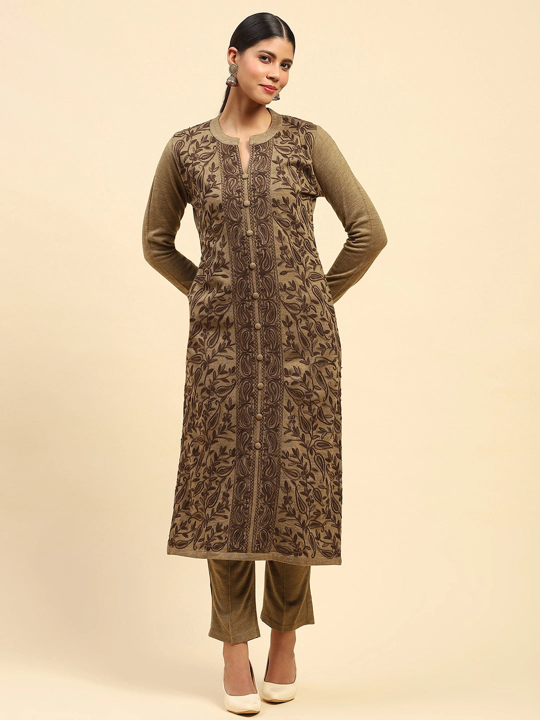 Beige Woolen Embroidered Kurta - Global Republic