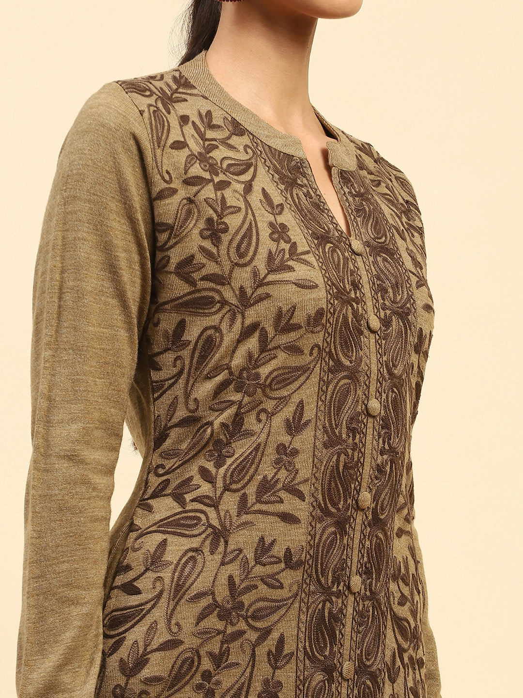 Beige Woolen Embroidered Kurta - Global Republic