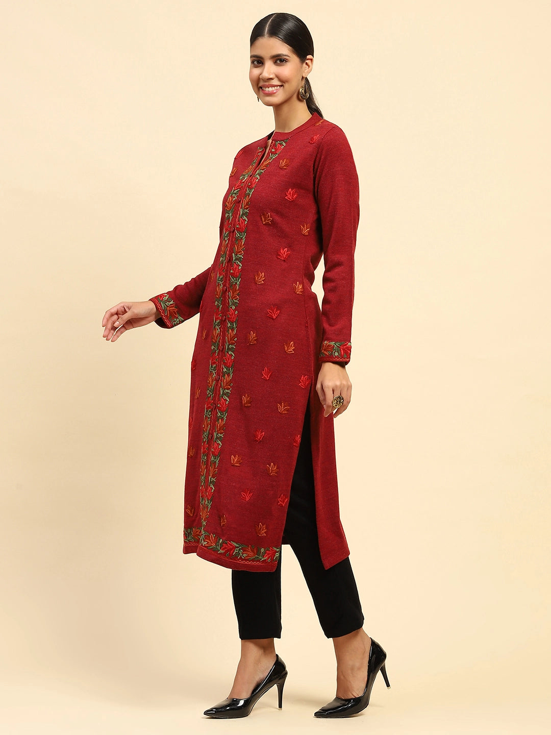 Rust Woolen Embroidered Kurta - Global Republic