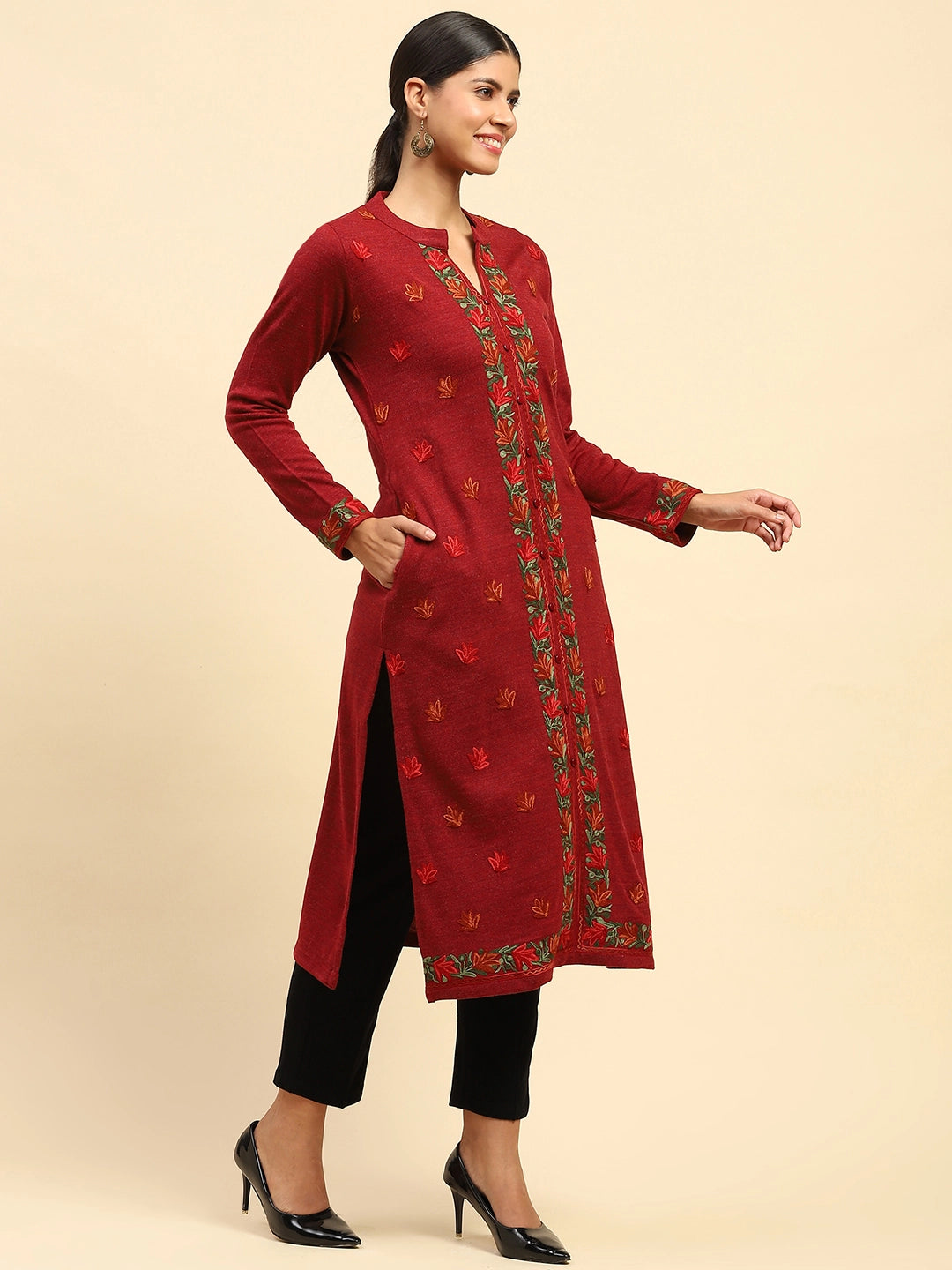 Rust Woolen Embroidered Kurta - Global Republic
