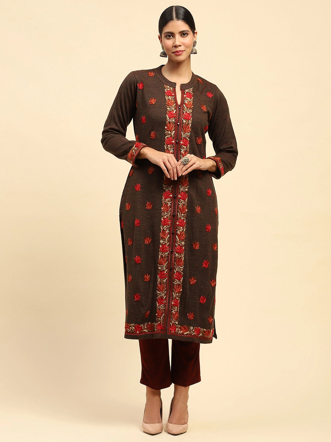 Dark Rust Woolen Embroidered kurta - Global Republic