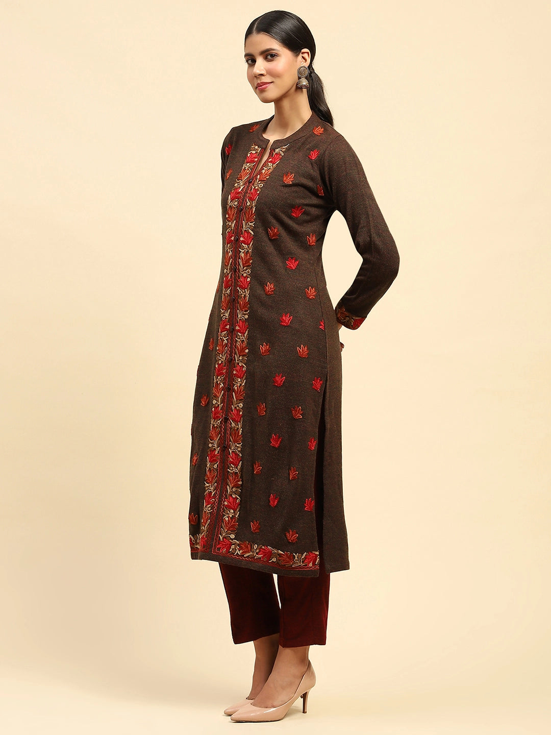 Dark Rust Woolen Embroidered kurta - Global Republic