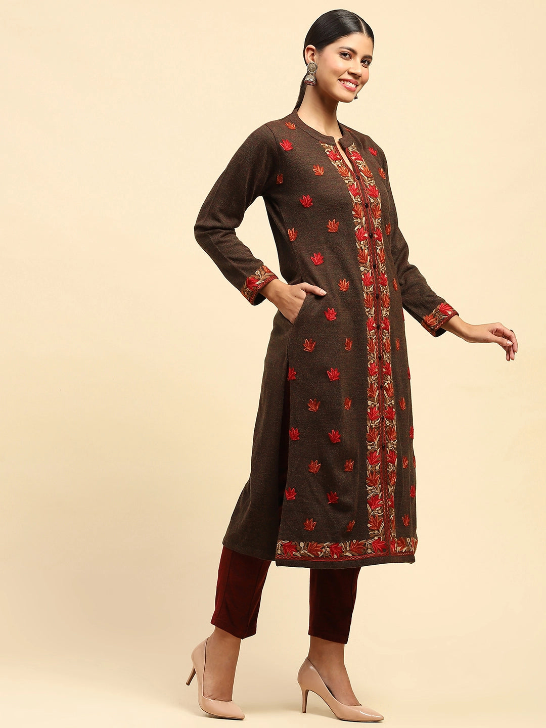 Dark Rust Woolen Embroidered kurta - Global Republic