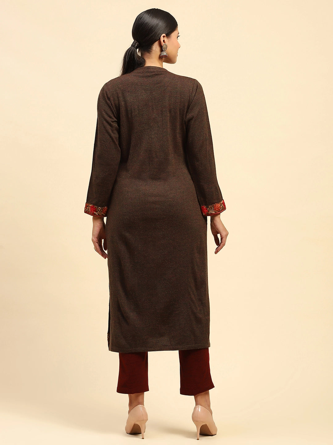 Dark Rust Woolen Embroidered kurta - Global Republic