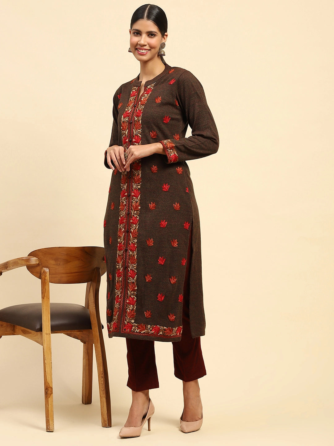 Dark Rust Woolen Embroidered kurta - Global Republic