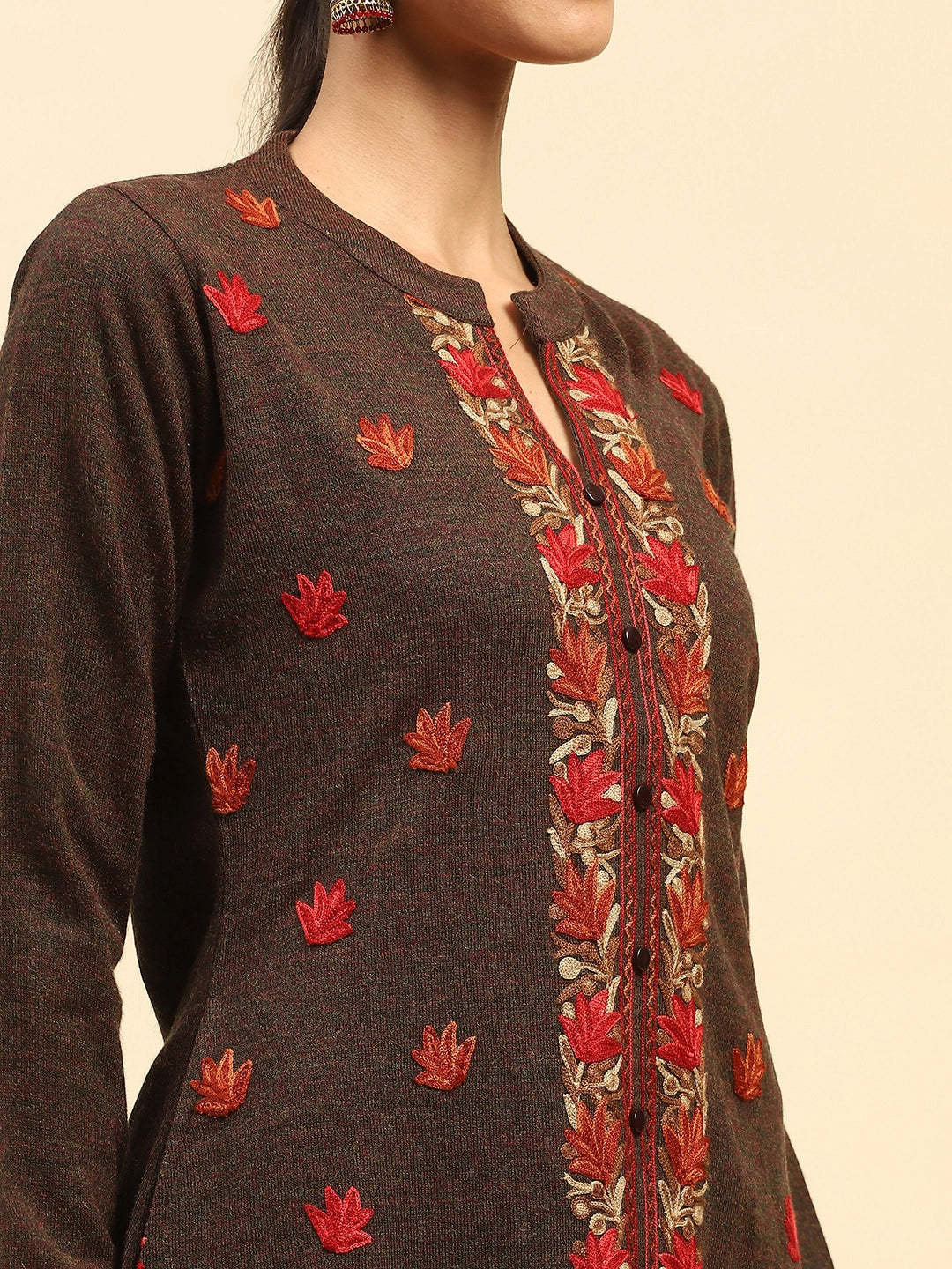 Dark Rust Woolen Embroidered kurta - Global Republic