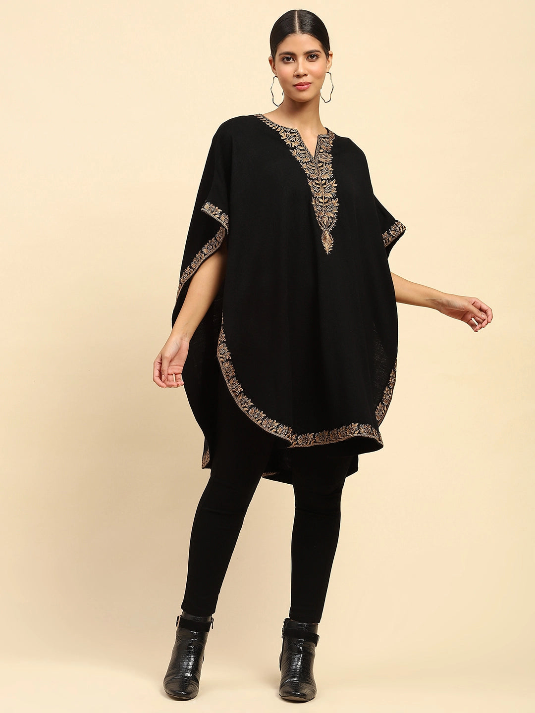 Black Woolen Embroidered Notch Neck Cape - Global Republic