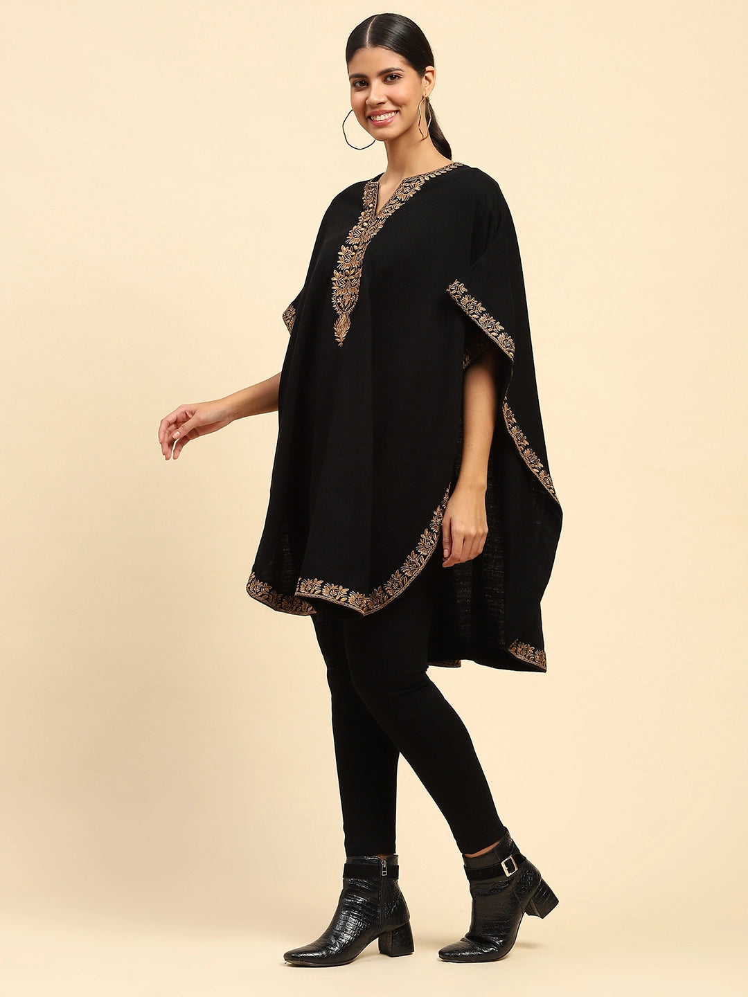 Black Woolen Embroidered Notch Neck Cape - Global Republic