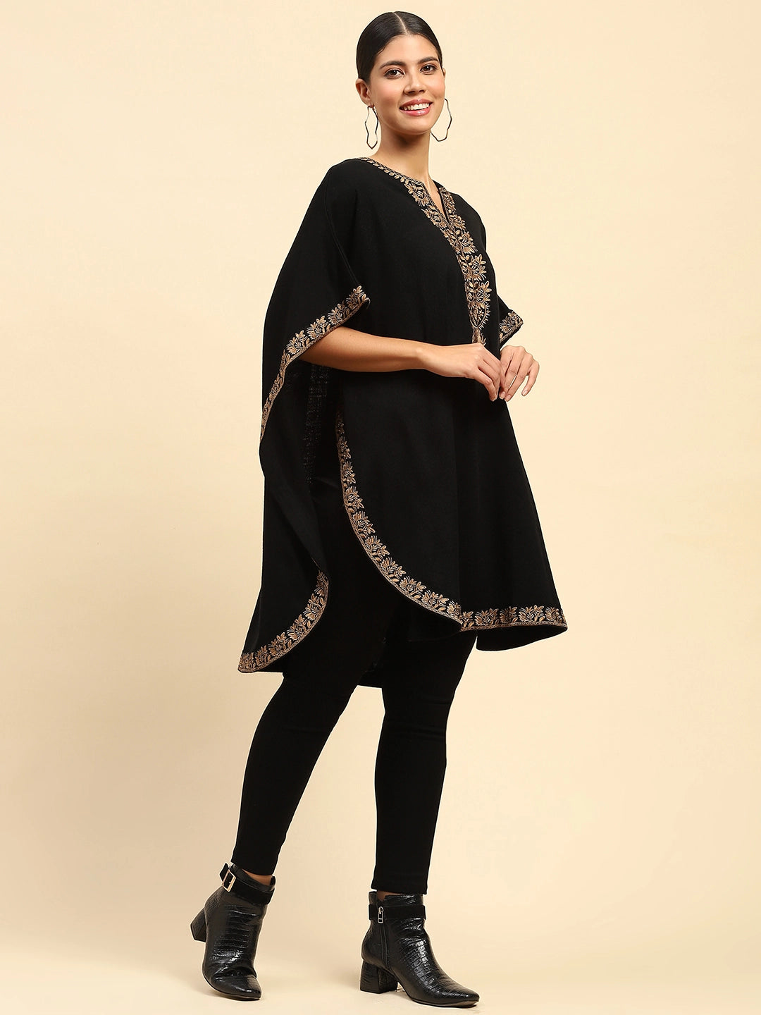 Black Woolen Embroidered Notch Neck Cape - Global Republic