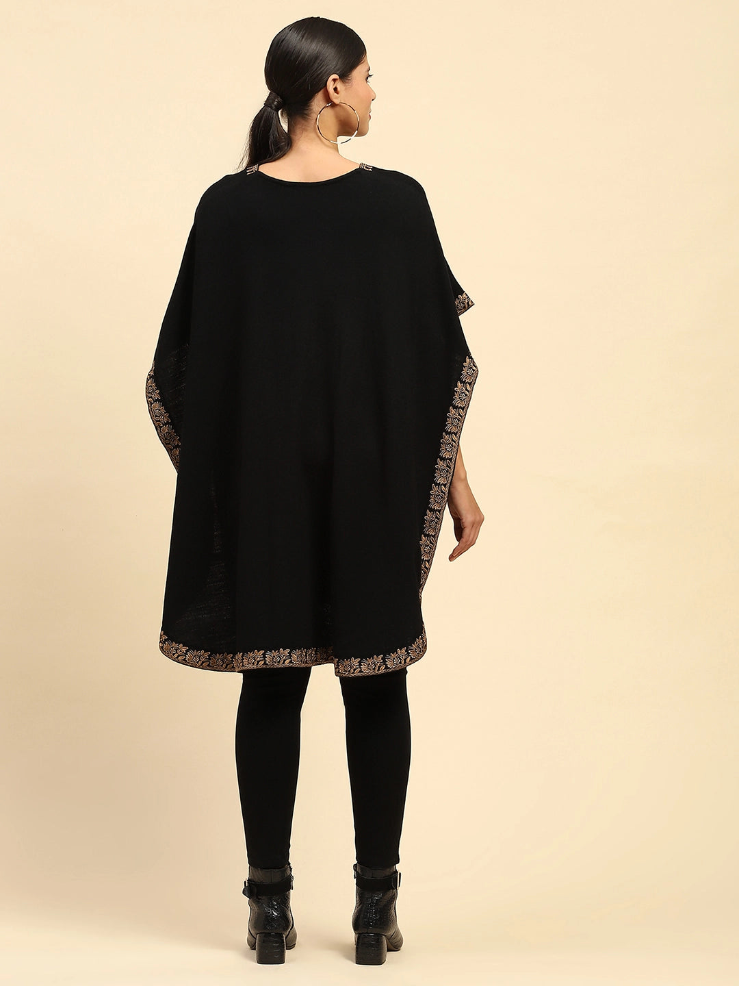 Black Woolen Embroidered Notch Neck Cape - Global Republic