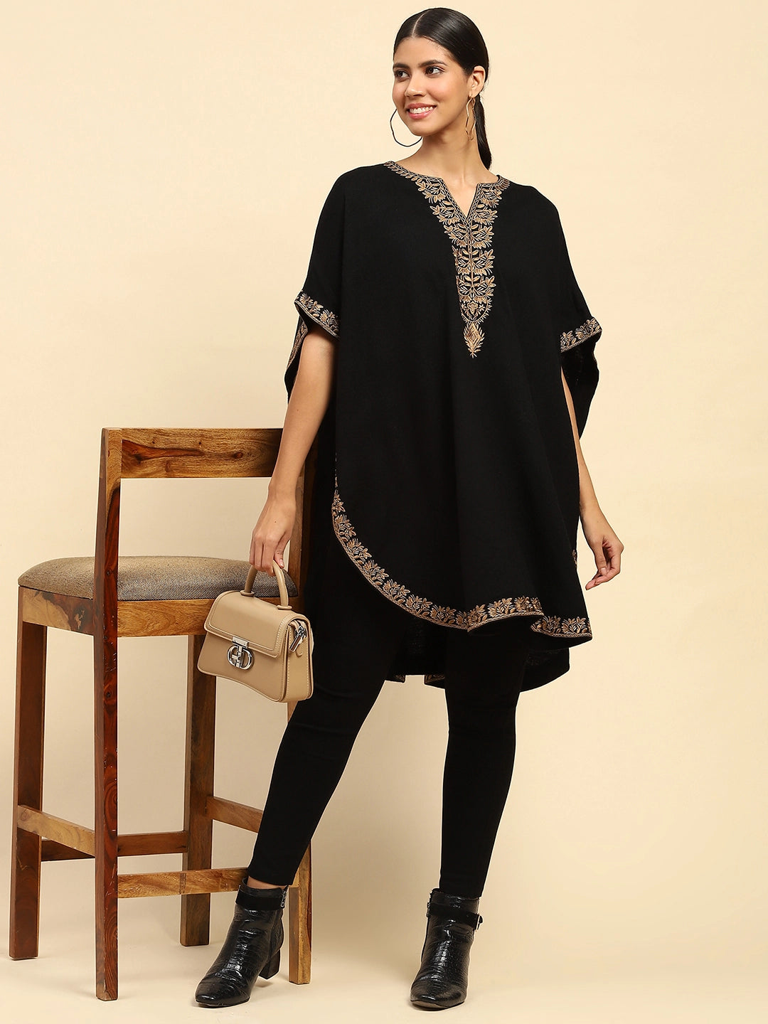 Black Woolen Embroidered Notch Neck Cape - Global Republic