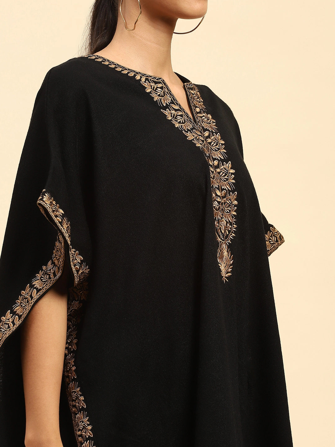 Black Woolen Embroidered Notch Neck Cape - Global Republic