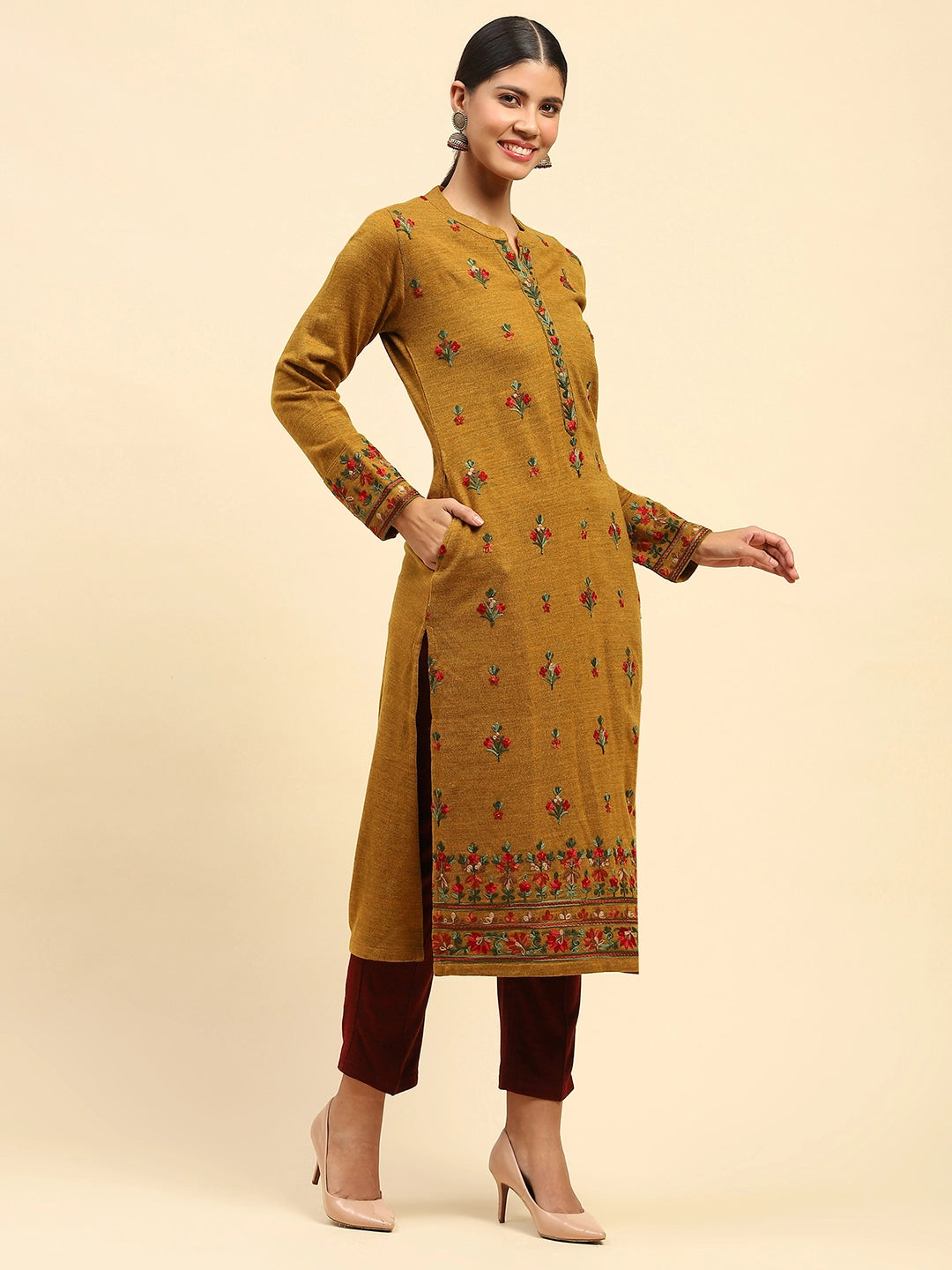 Mustard Woolen Thread Embroidered Notch Neck Kurta - Global Republic