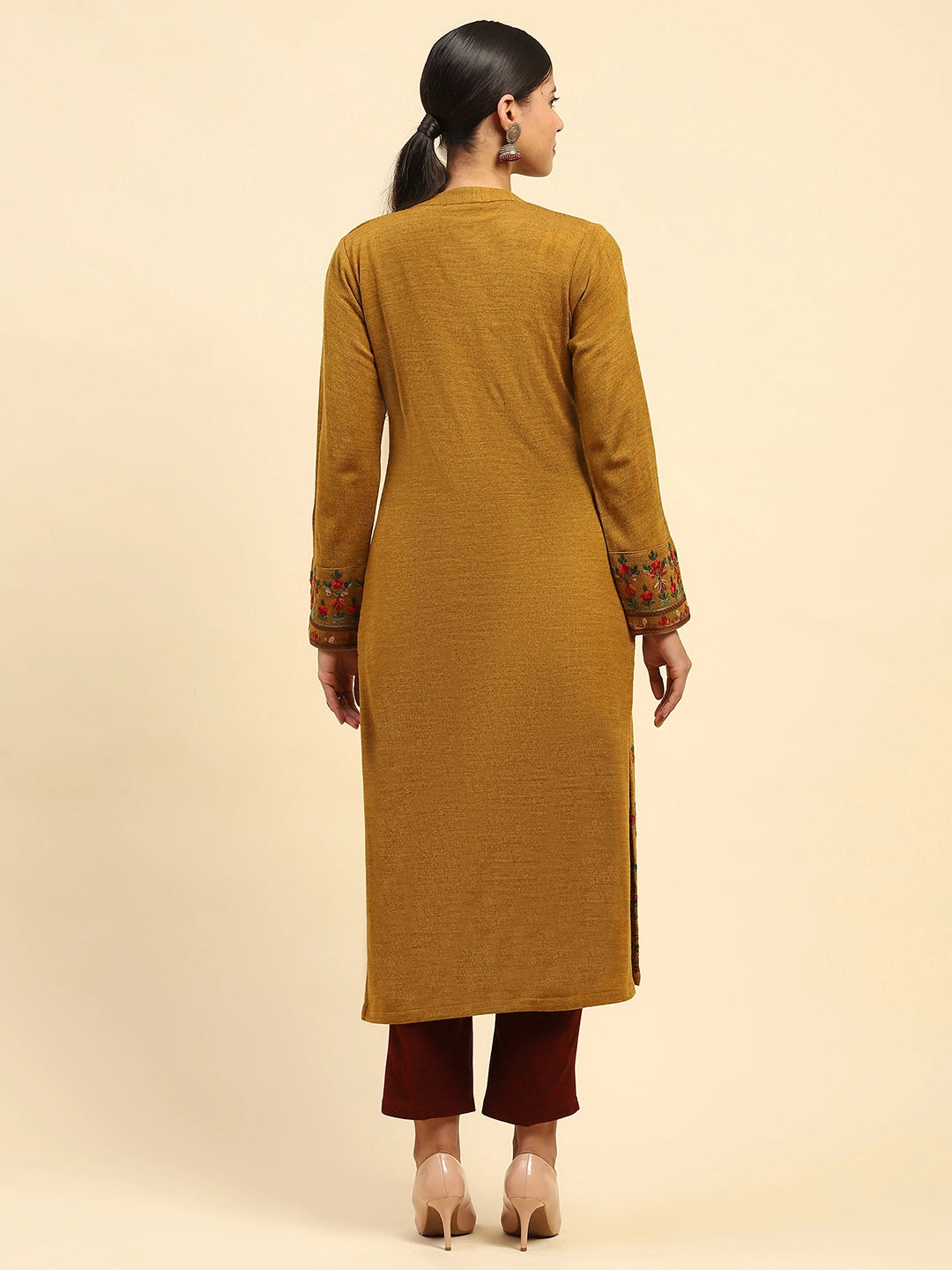 Mustard Woolen Thread Embroidered Notch Neck Kurta - Global Republic