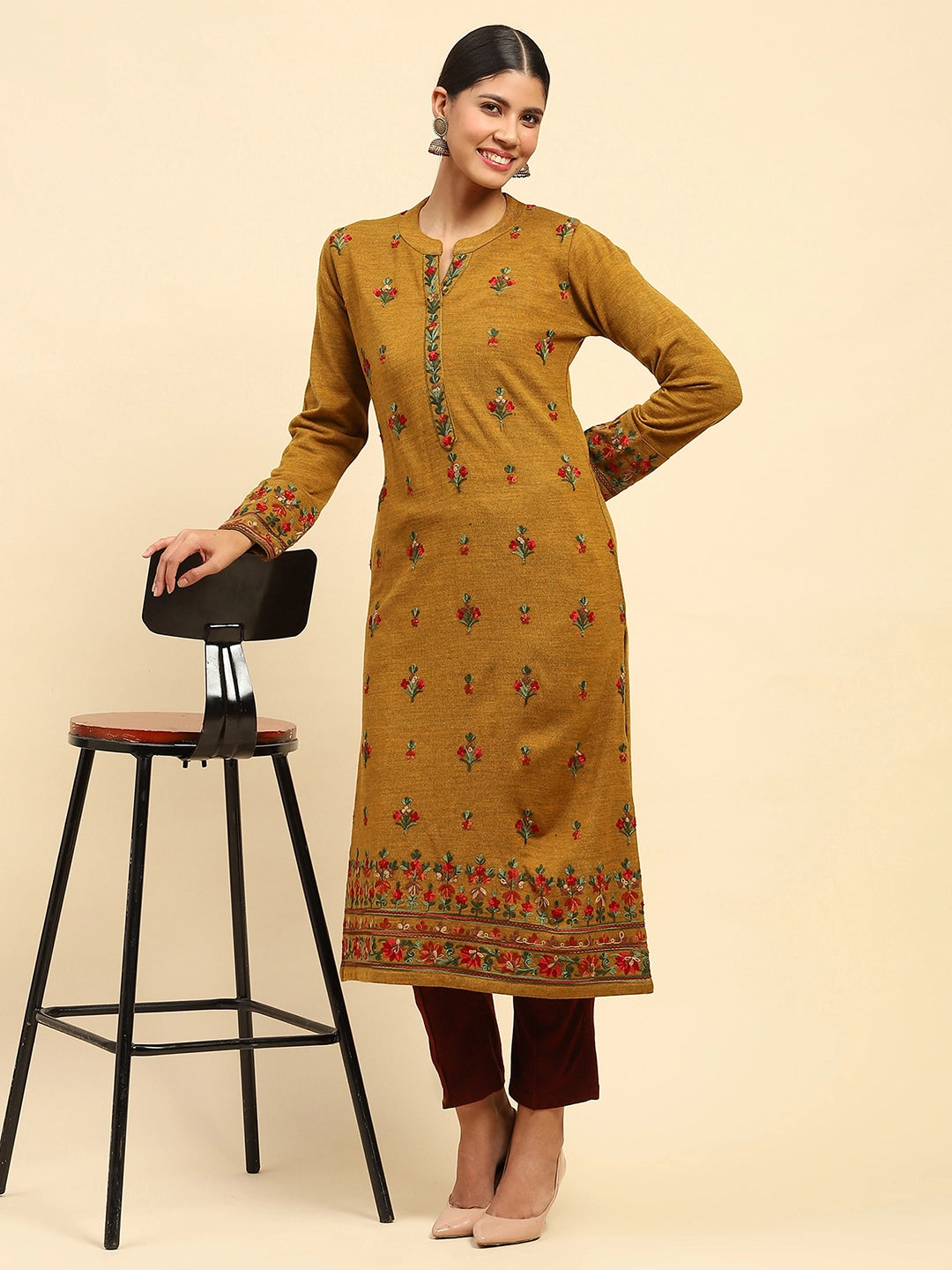 Mustard Woolen Thread Embroidered Notch Neck Kurta - Global Republic