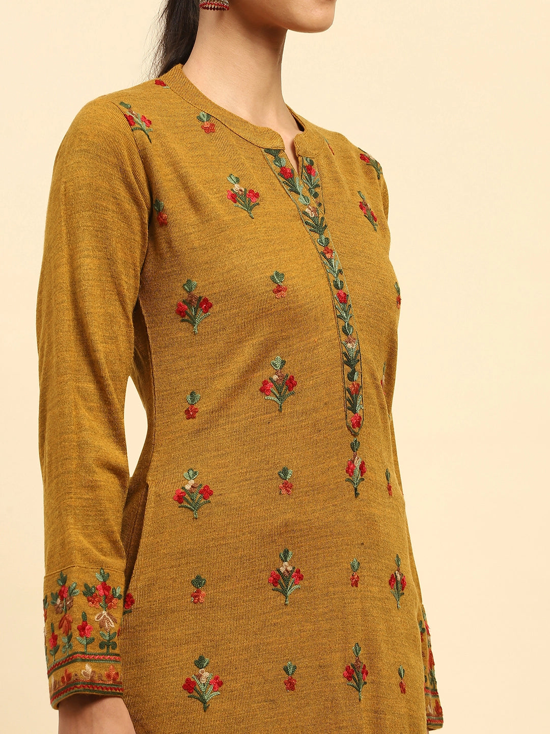 Mustard Woolen Thread Embroidered Notch Neck Kurta - Global Republic
