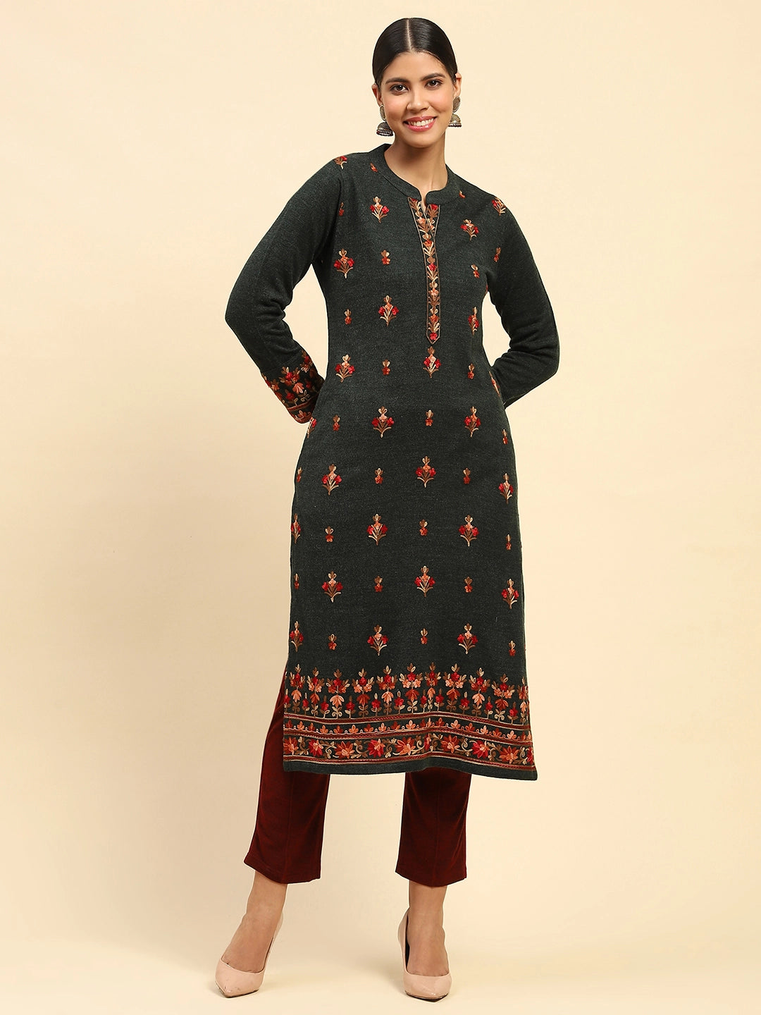 Dark Olive WoolenThread Embroidered Round Neck Kurta - Global Republic