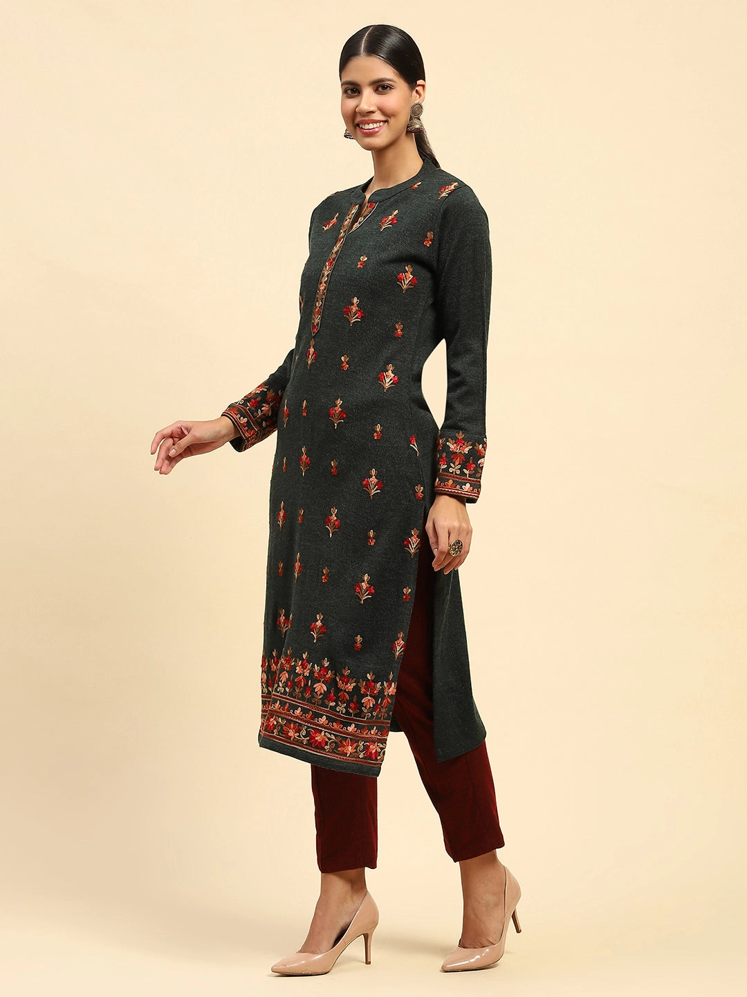 Dark Olive WoolenThread Embroidered Round Neck Kurta - Global Republic