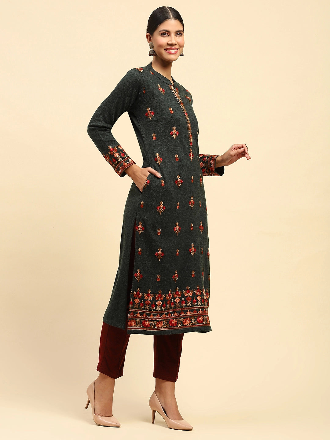 Dark Olive WoolenThread Embroidered Round Neck Kurta - Global Republic