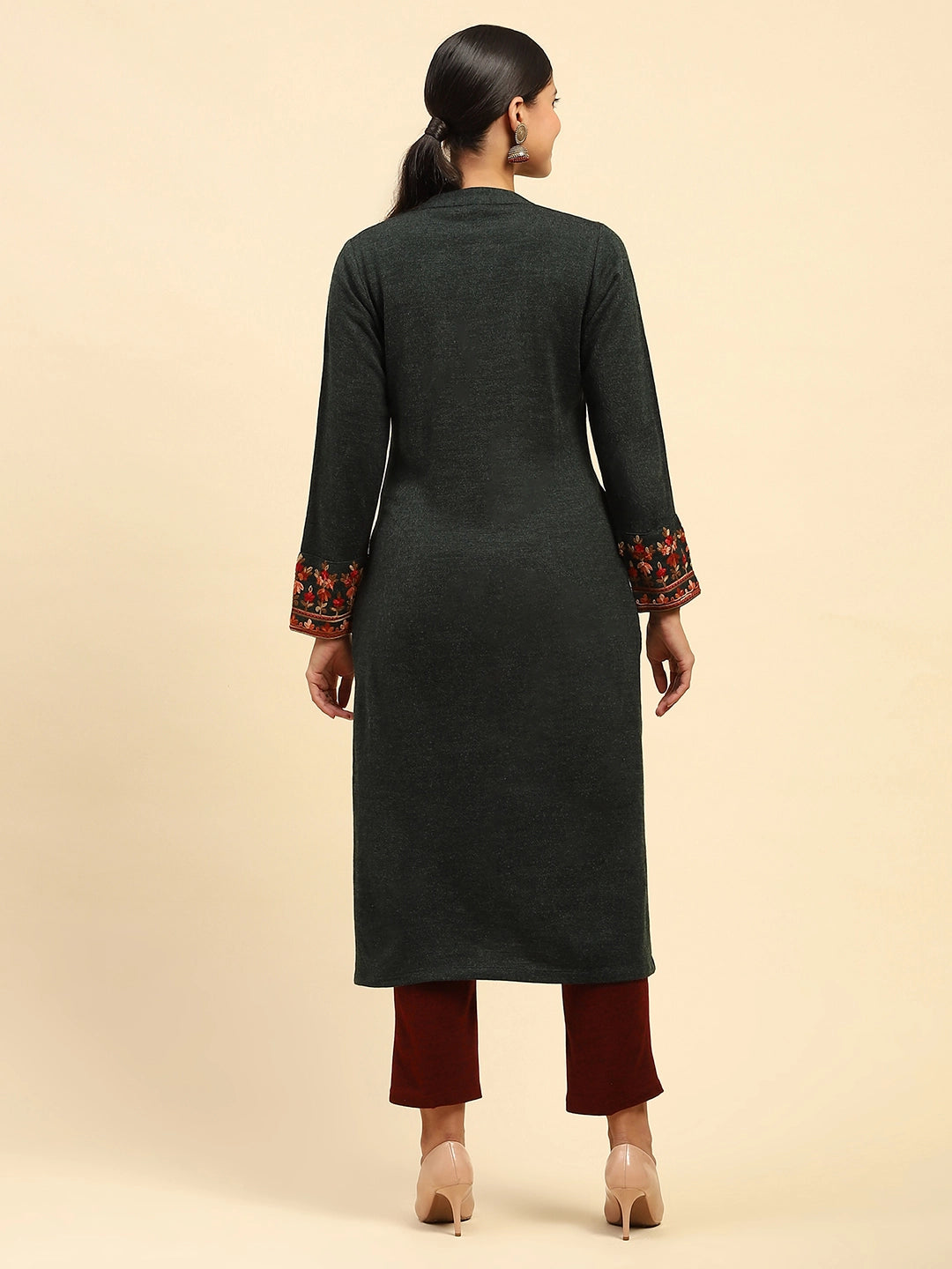 Dark Olive WoolenThread Embroidered Round Neck Kurta - Global Republic