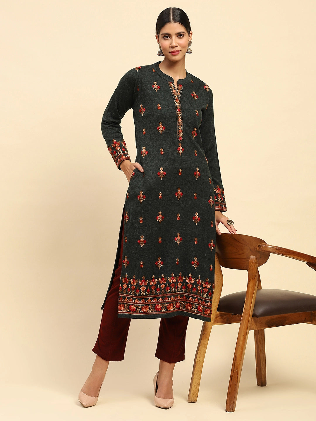 Dark Olive WoolenThread Embroidered Round Neck Kurta - Global Republic